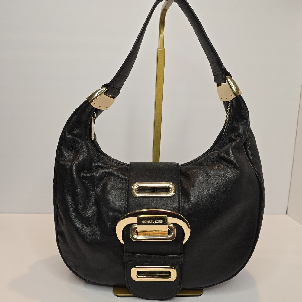 Black Soft Leather Unique Michael Kors Shoulder Bag Hobo Purse Gold Hardware